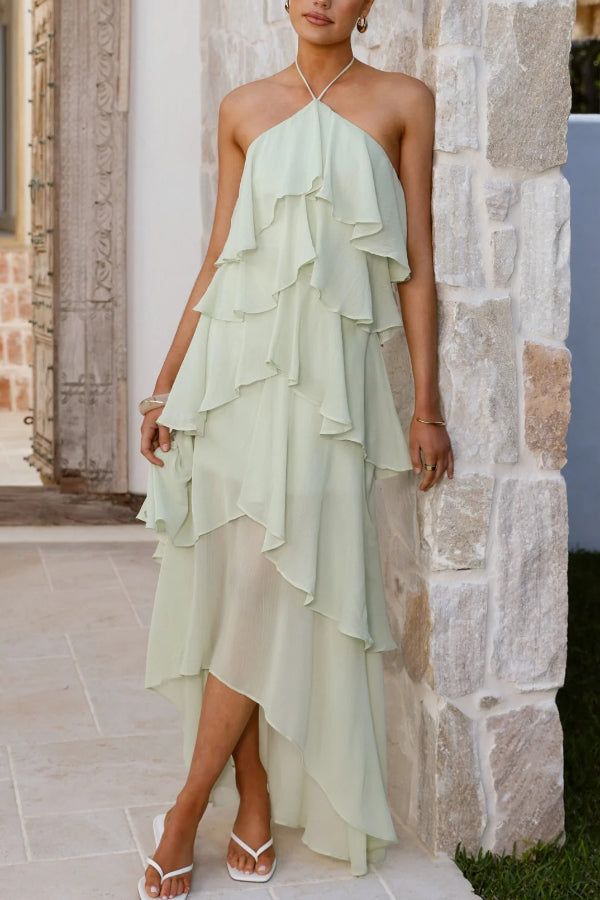 Solid Color Chiffon Halter Neck Elegant Ruffle Maxi Dress