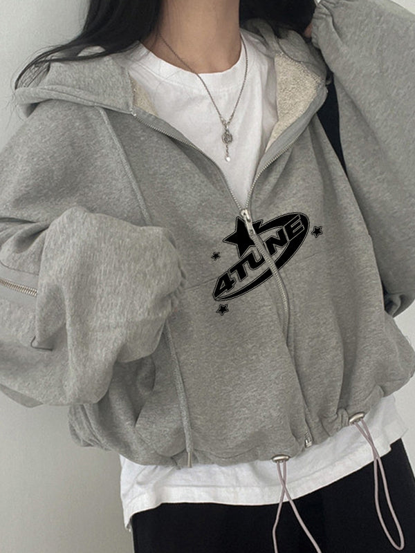 Star Letter Print Zipper Drawstring Hem Oversized Hoodie