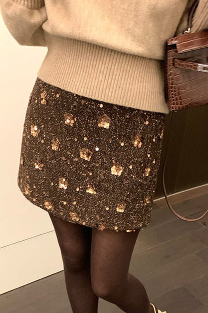 Sequin Embroidered High Waist A-line Fitted Short Skirt