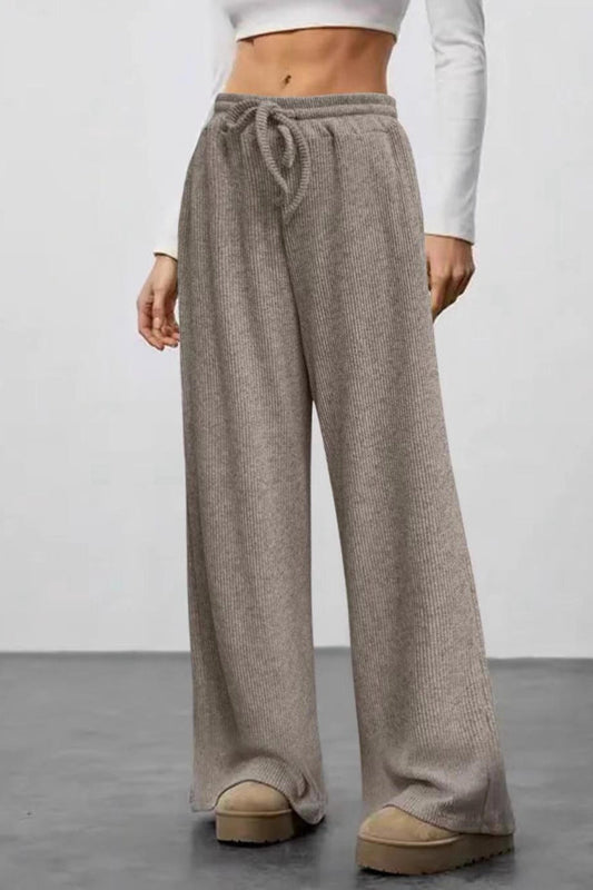 Ribbed Drawstring High Waist Straight Leg Casual Pants