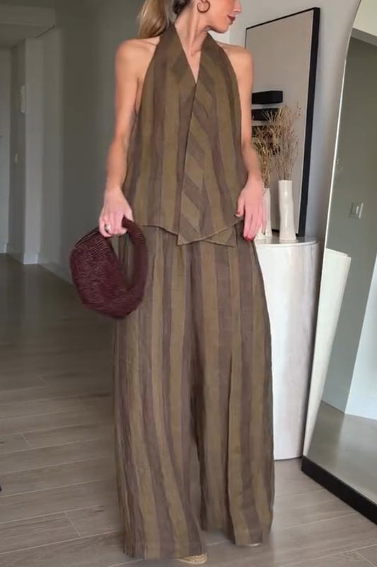 Aloof Style Striped Linen Blend Halter Vest and High Rise Button Pocket Wide Leg Pants Set