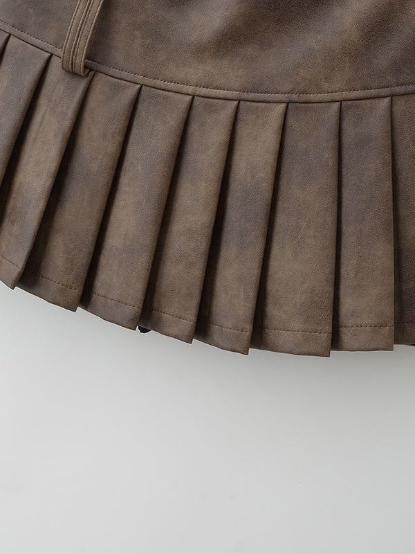 Distressed Leather Pleated High Rise Mini Skirt