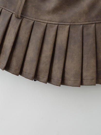 Distressed Leather Pleated High Rise Mini Skirt