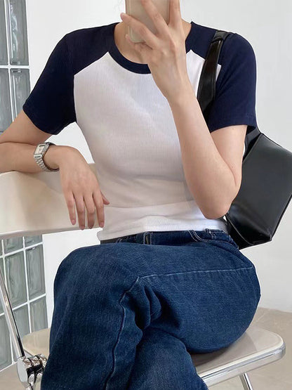 Contrast Color Stitching Crewneck Short Sleeve Knits