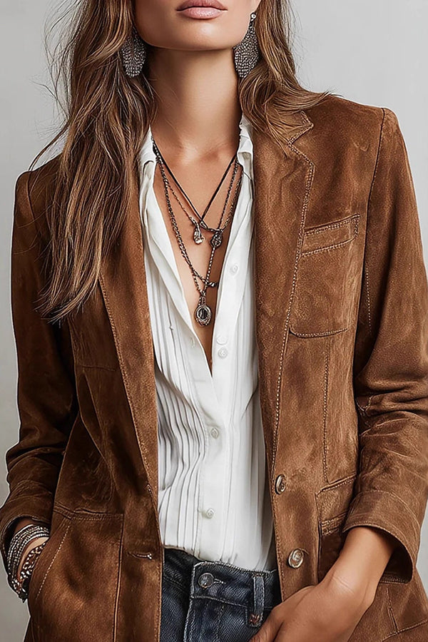 Stylish Suede Lapel Long-sleeved Casual Button-down Jacket