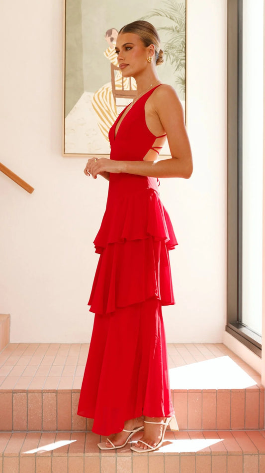 Sleeveless Ruffled Layered Backless Maxi Dress