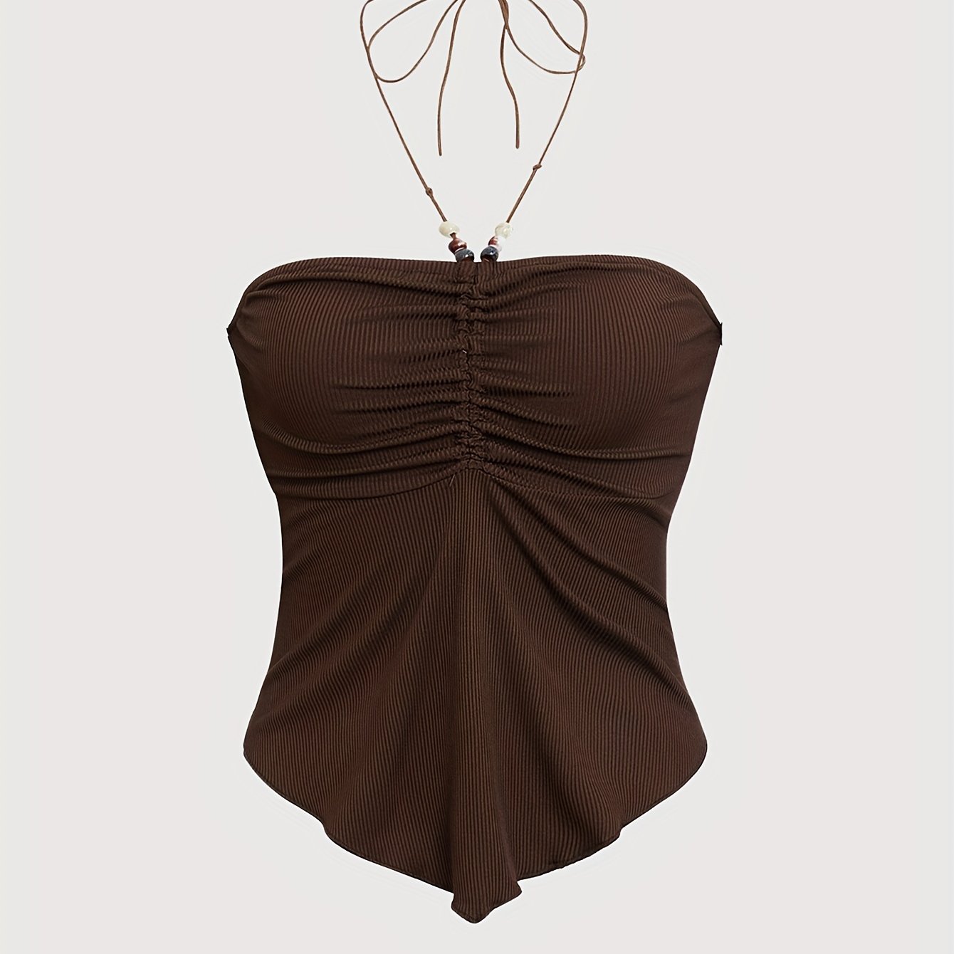 Solid Color Stretchy Polyester Blend Halter Neck Top - Y2K-Inspired Beaded Detail, Perfect for All Seasons