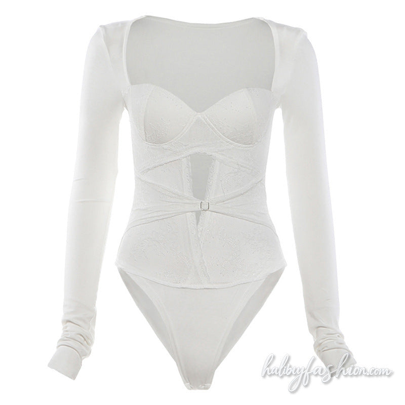 Long sleeve lace hem hollow out v neck bodysuit