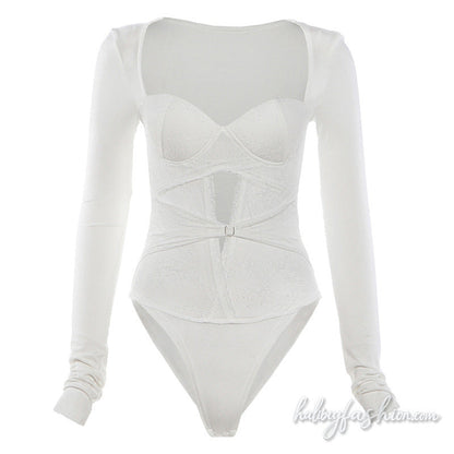 Long sleeve lace hem hollow out v neck bodysuit