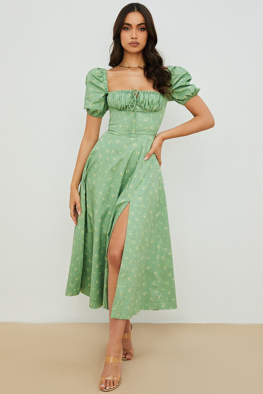 Puff Sleeve Wrap Slit Maxi Floral Dress