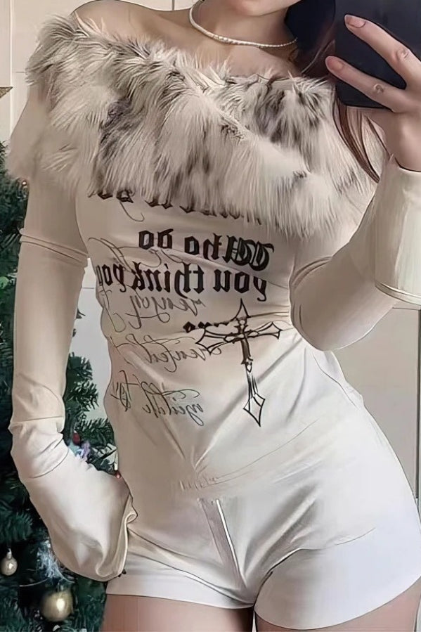 Y2K Fur Collar Slim Off Shoulder Knit Top