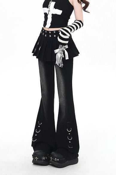 Y2K Layered Flare Denim Skirt Pants