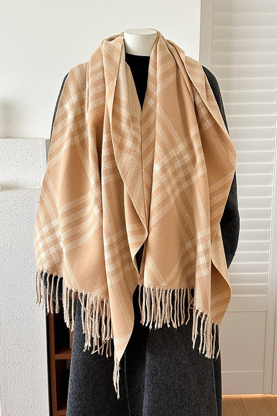 Double Faced Checkered Fringe Scarf
