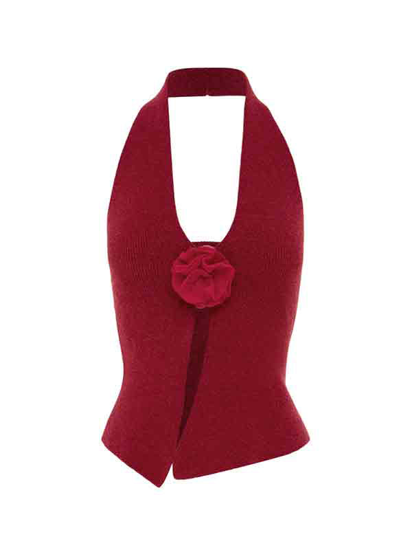 Flower Decor Big Slit Halter Vest