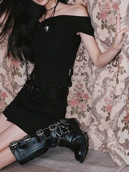 Button Off Shoulder Patchwork Short Sleeve Knits
