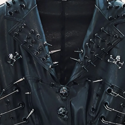 Long sleeve turnover collar PU leather skull applique top  | Festival Outfits Women