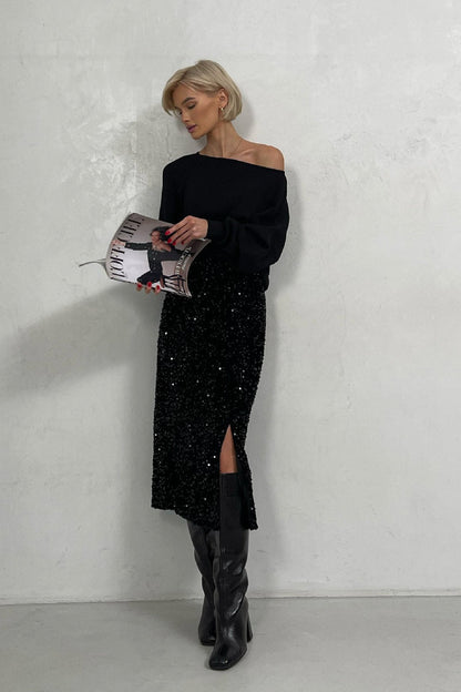 Sequin High Waist Slit Bodycon Midi Skirt