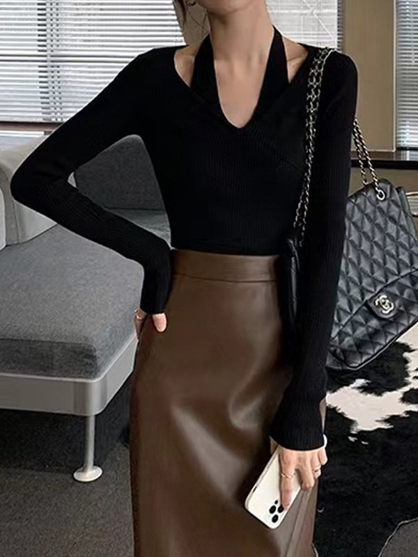 Solid V Neck Halter Long Sleeve Knit