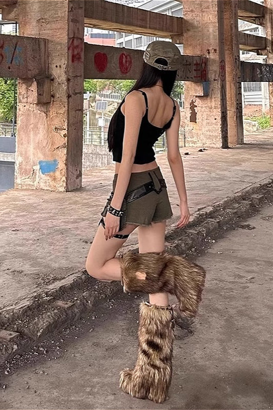 Vintage Army Green Denim Fringe Shorts