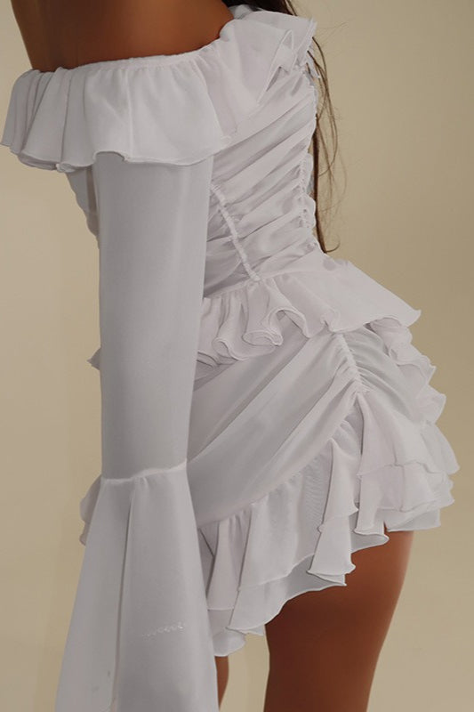 Bishop Sleeve Off Shoulder Blouse Layered Ruffle Skirt Set