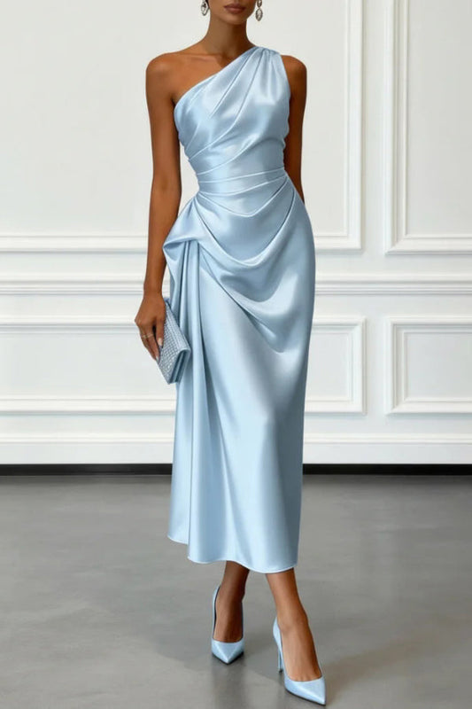Satin One-shoulder Pleated Waist Elegant Midi Dress