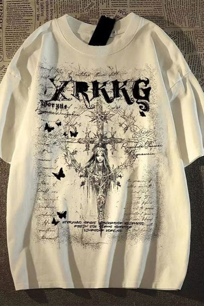 Retro Streetwear Cross Print Cotton Loose T-shirt