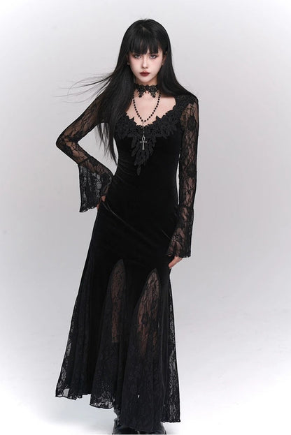 American Gothic Vintage Lace Patchwork Flare Sleeve Maxi Dress