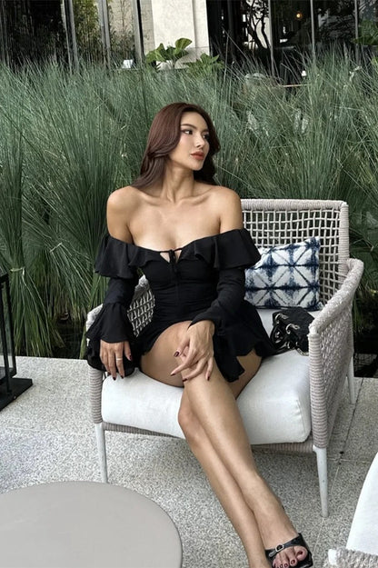 Ruffled Mesh Lace-up Slash Neck Bodycon Mini Dress