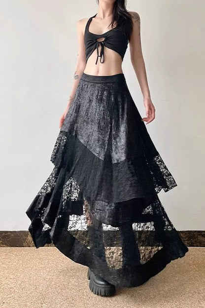 High Waist Asymmetric Lace Sheer Skirt