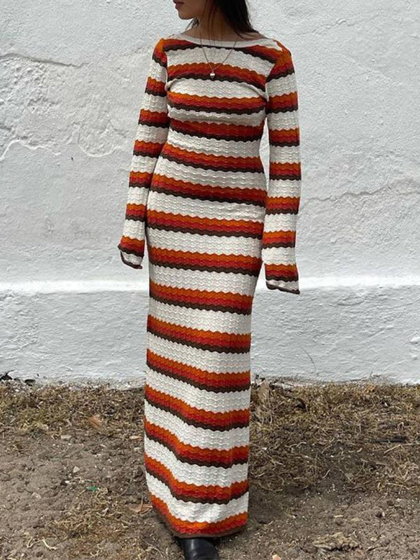 Striped Contrast Knitted Hollow Maxi Dress