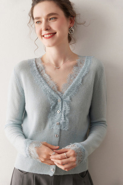 Cashmere Lace-Trimmed V-Neck Knit Cardigan
