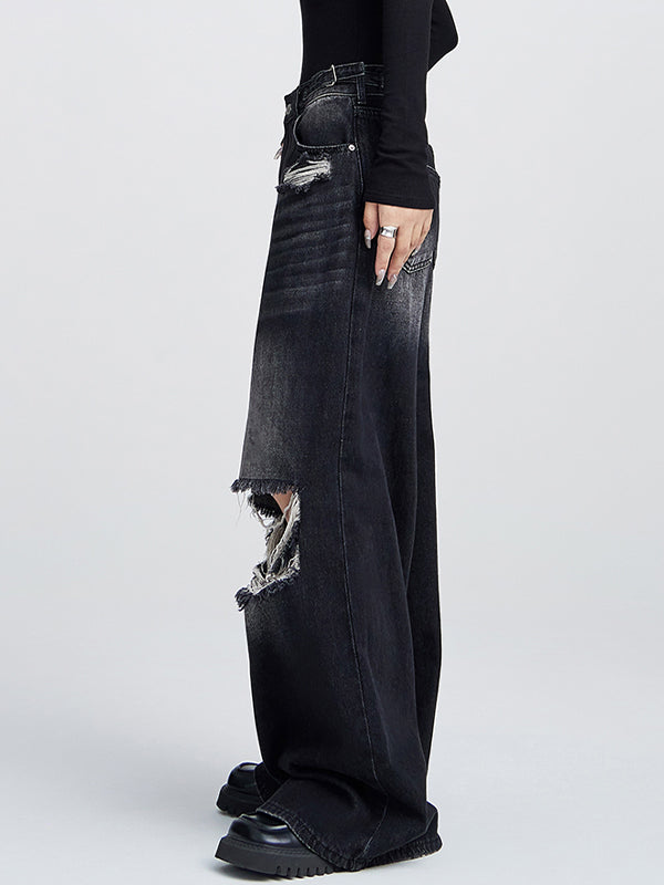 Loose high-waisted versatile straight leg Ripped Jeans