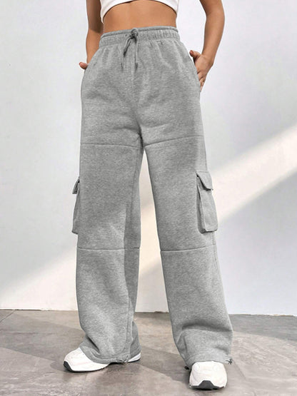 Solid Flap Pocket Lace Up Sweatpants