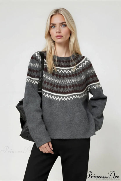 Fair Isle Loose Crewneck Plus Size Knit Sweater