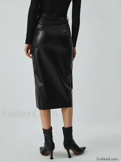 Faux Leather Graceful Pockets Midi Skirt