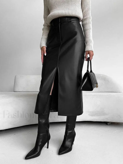 Faux Leeather Graceful Slit Midi Skirt