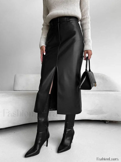 Faux Leeather Graceful Slit Midi Skirt