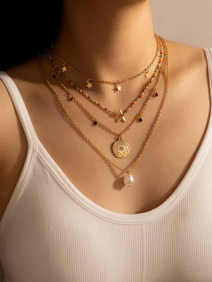 Faux Pearl Charm Chain Layered Necklace for Women