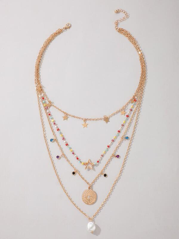 Faux Pearl Charm Chain Layered Necklace for Women