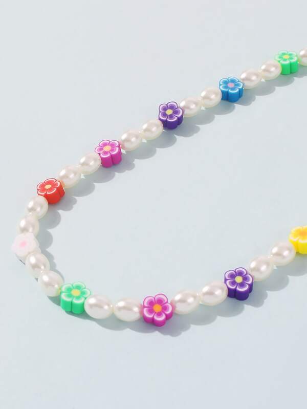 Faux Pearl & Flower Beaded Necklace for Women
