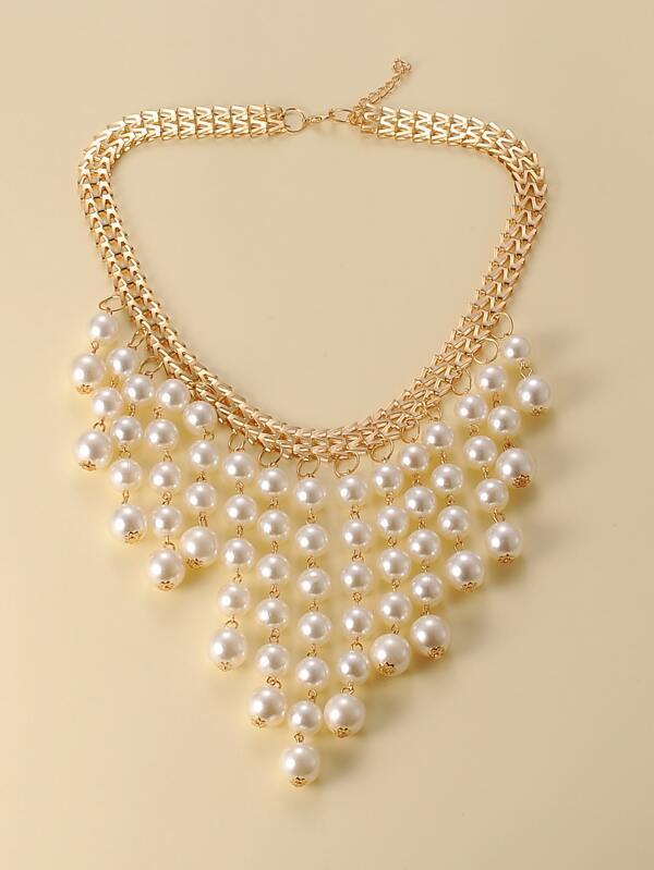 Faux Pearl Tassel Charm Necklace for Women