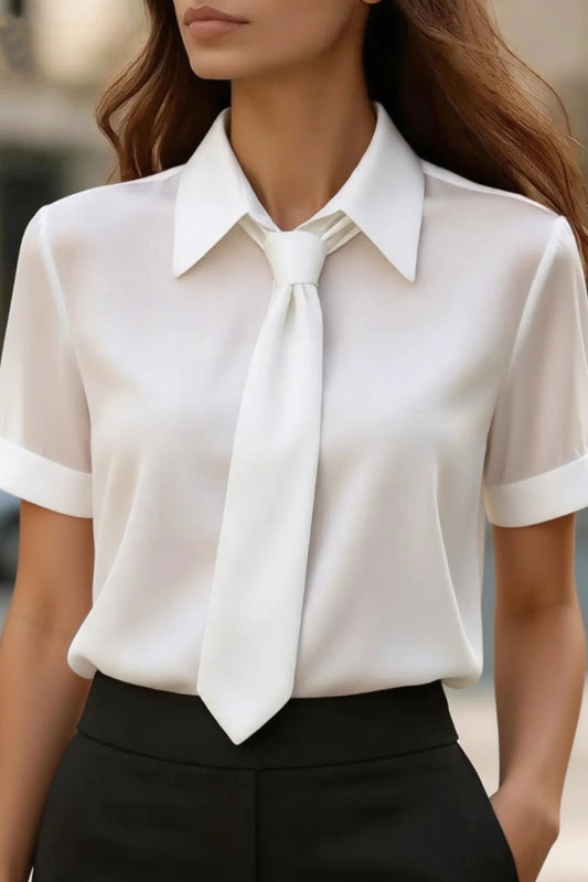 Solid Color Collared Tie Short-sleeved Casual Shirt