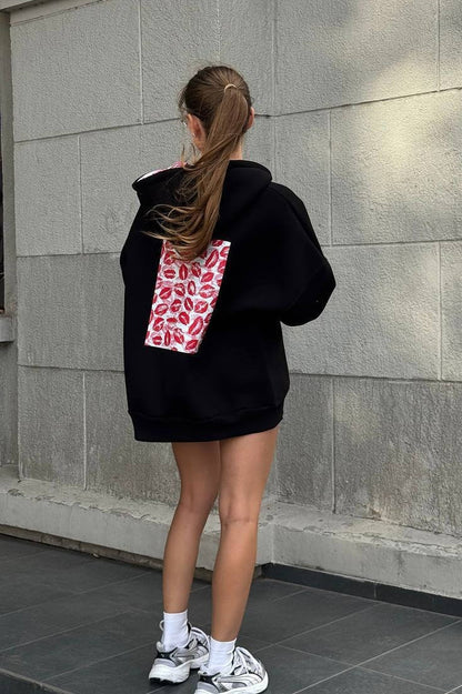 Oversized Boyfriend Lip Print Hoodie