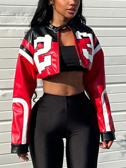 Contrast Color Letter Print Zip Up Cropped Jacket