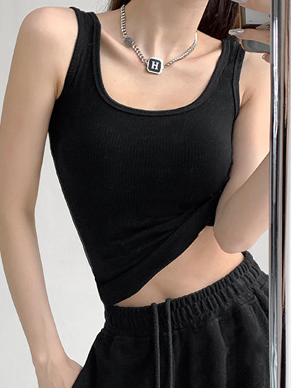 High Elasticity Solid U Neck Slim Tank Top