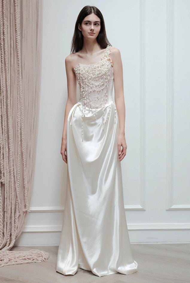 Strapless Satin Heavy Pearl Prom Dress
