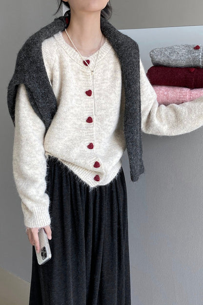 Oversized Heart Button Round Neck Cardigan