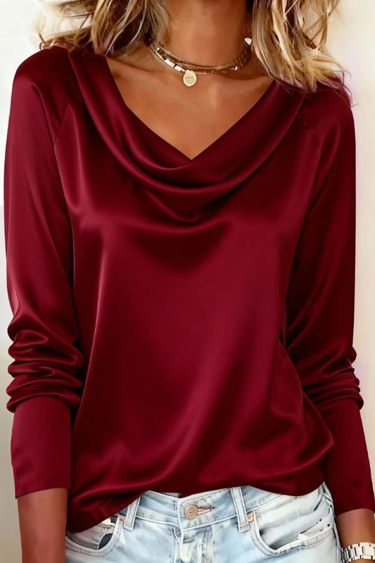 Solid Color Satin Casual Long-sleeved Draped Shirt