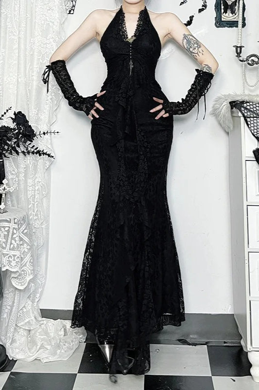 Vintage Palace Gothic Lace Patchwork Sleeveless V-neck Maxi Dress