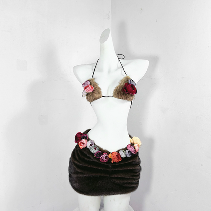 Halter self tie flower applique fluffy backless top  | Festival Outfits Women